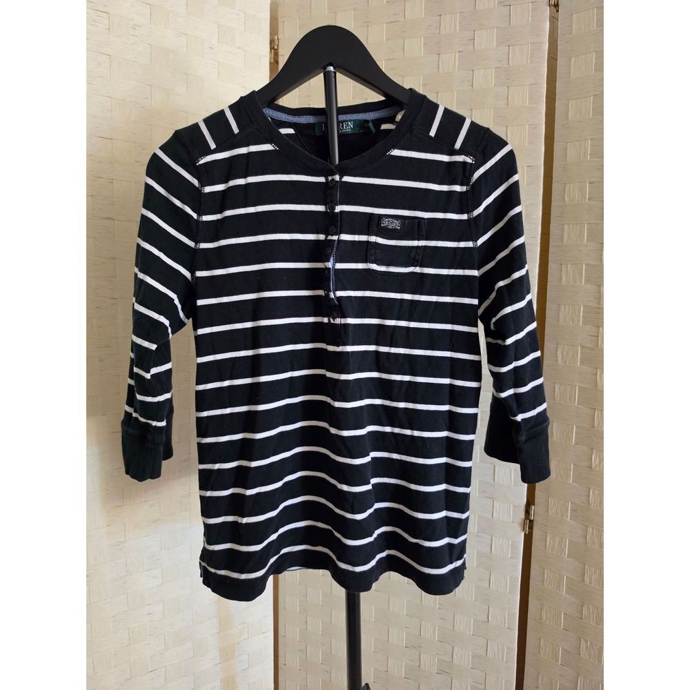 Lauren Ralph Lauren Henley Top XL Black White Striped 3/4 Sleeve Cotton Shirt